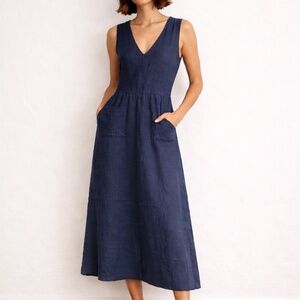 Jil Sander Navy 100% Linen Sleeveless Midi Dress EU 40 Minimalist Pockets